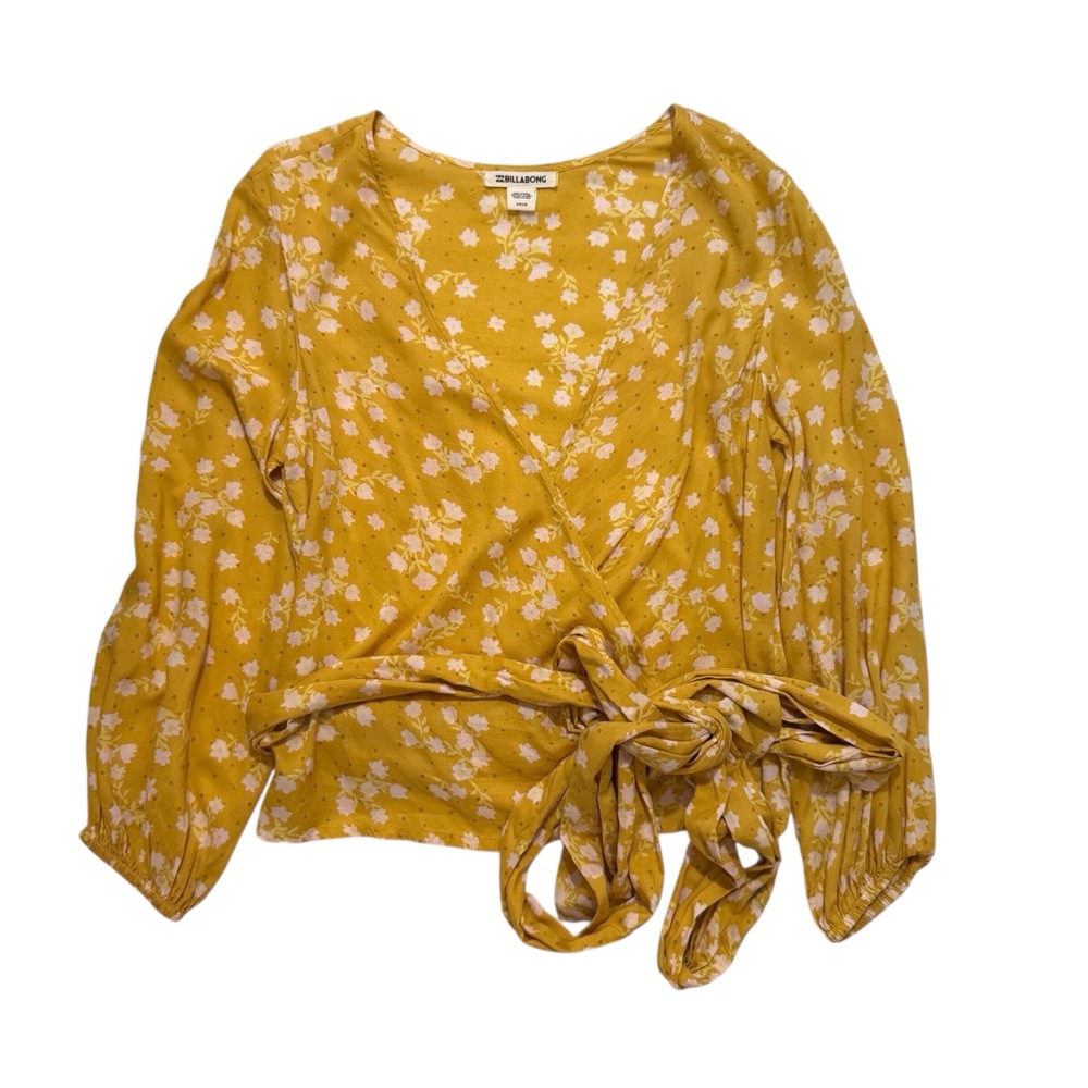 Billabong Small Yellow Boho Western Floral Print Long Sleeve Wrap Belted Top